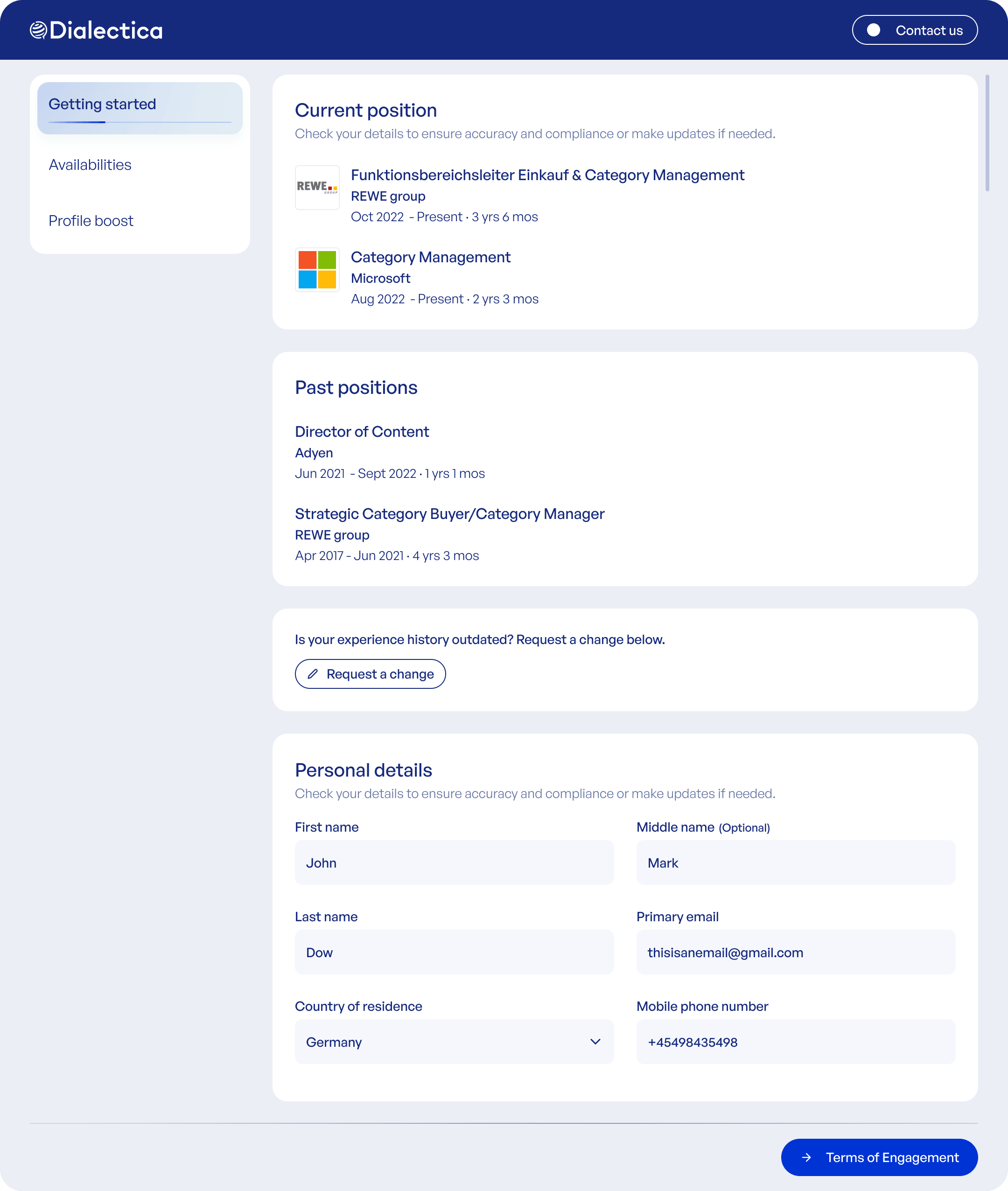 Redesigned Terms of Engagement flow: three-step layout with sidebar navigation, current experience first